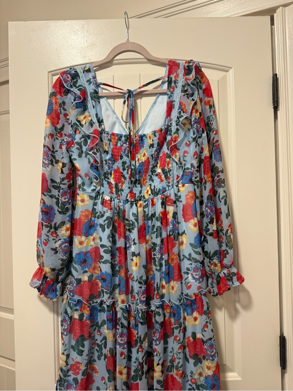 In Bloom Baby Blue Floral Maxi Dress with Red & Yellow Blooms - Picture 2 of 3